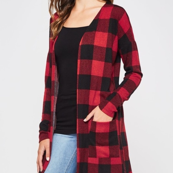 new BEESON RIVER buffalo PLAID RED/BLK CARDIGAN wrap sweater  XS-3X MAGNOLIA - Picture 2 of 5